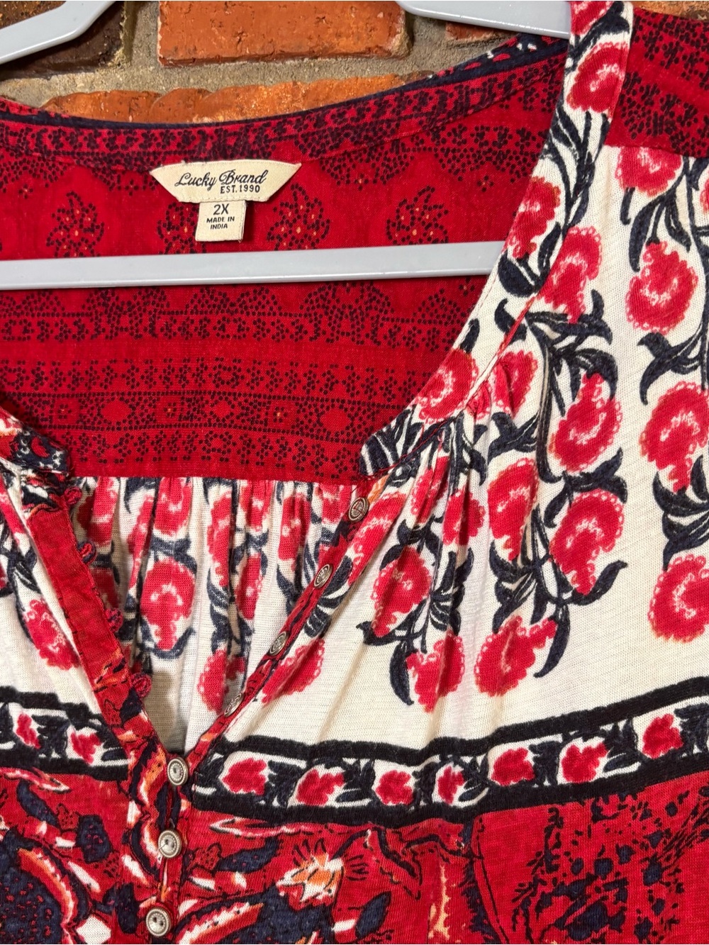 Lucky Brand womens boho floral mixed print peasant henley top red 2X - Picture 3 of 7